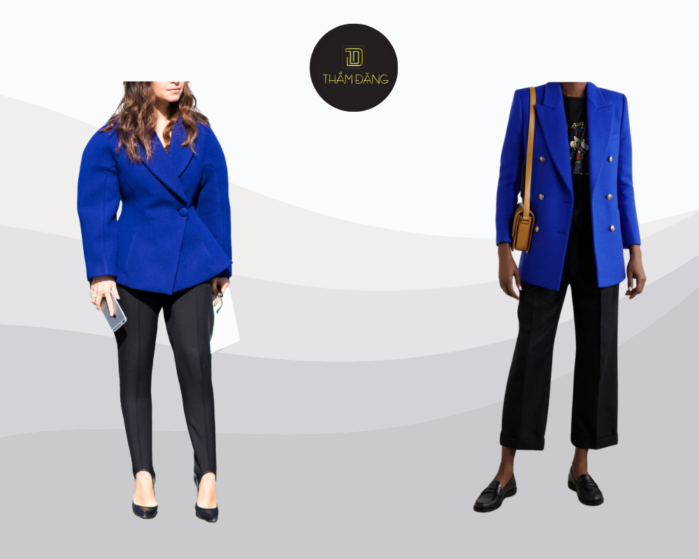Thanh lịch và chuyên nghiệp với áo khoác xanh lam phối cùng quần âu đen từ Thắm Đặng Store.