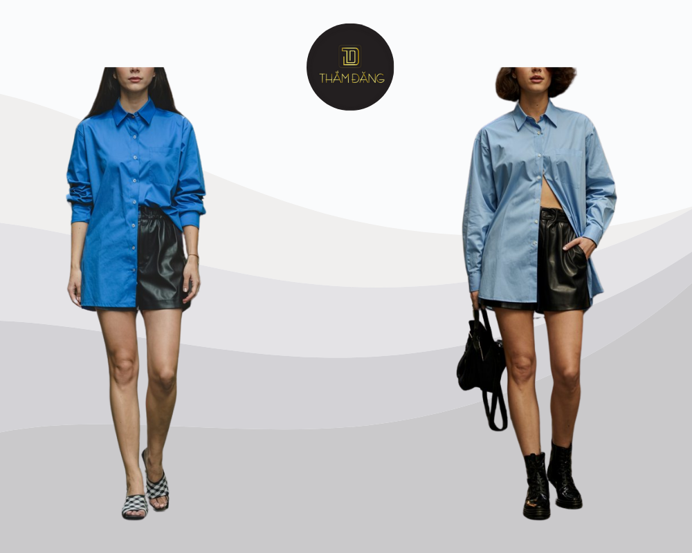 Set đồ áo sơ mi xanh lam và quần short da mang đến vẻ ngoài hài hòa giữa thanh lịch và cá tính.