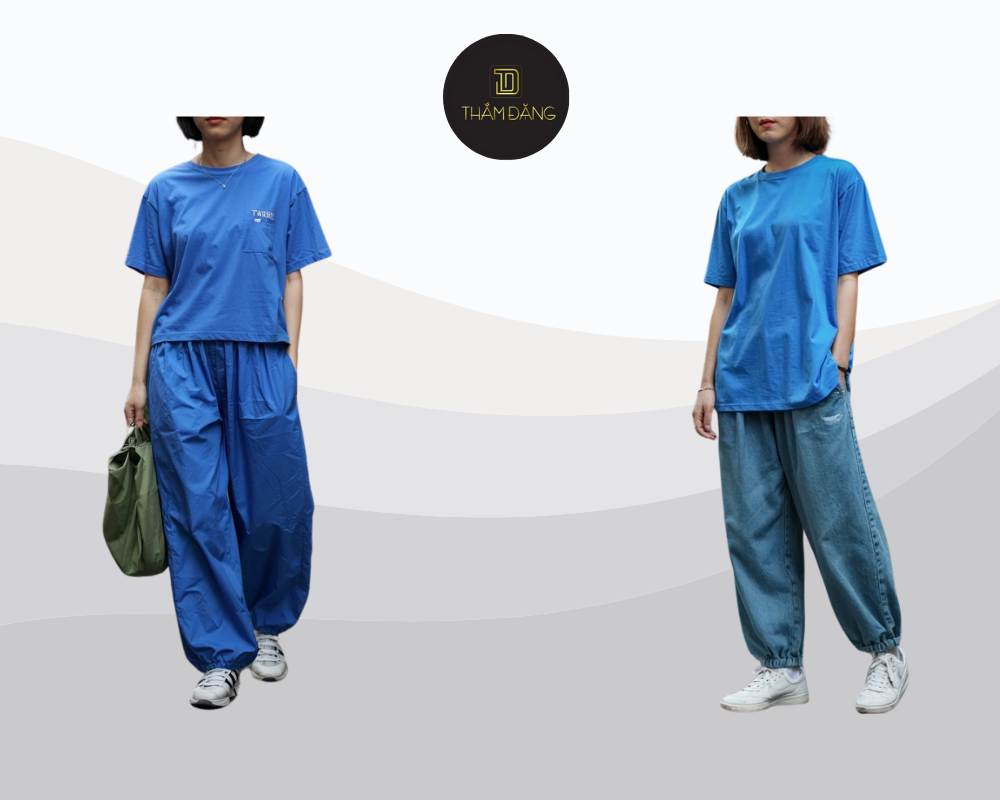 Áo thun xanh lam kết hợp quần baggy tạo nên phong cách năng động, thoải mái nhưng vẫn thời trang, hoàn hảo cho những ngày cuối tuần.