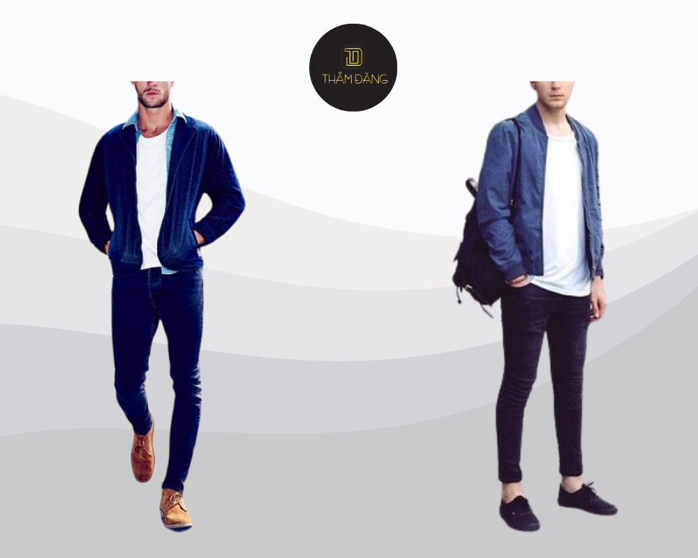 Áo khoác bomber xanh lam kết hợp áo thun trắng và quần jeans mang đến phong cách đường phố hiện đại, năng động nhưng vẫn thanh lịch.