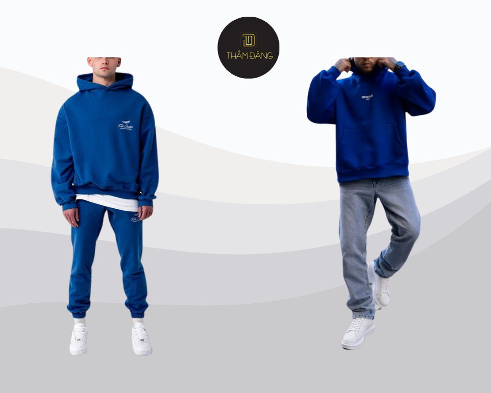 Set đồ áo hoodie xanh lam và quần jogger mang đến phong cách thể thao năng động, thoải mái cho những ngày cuối tuần thư giãn hoặc tập luyện.