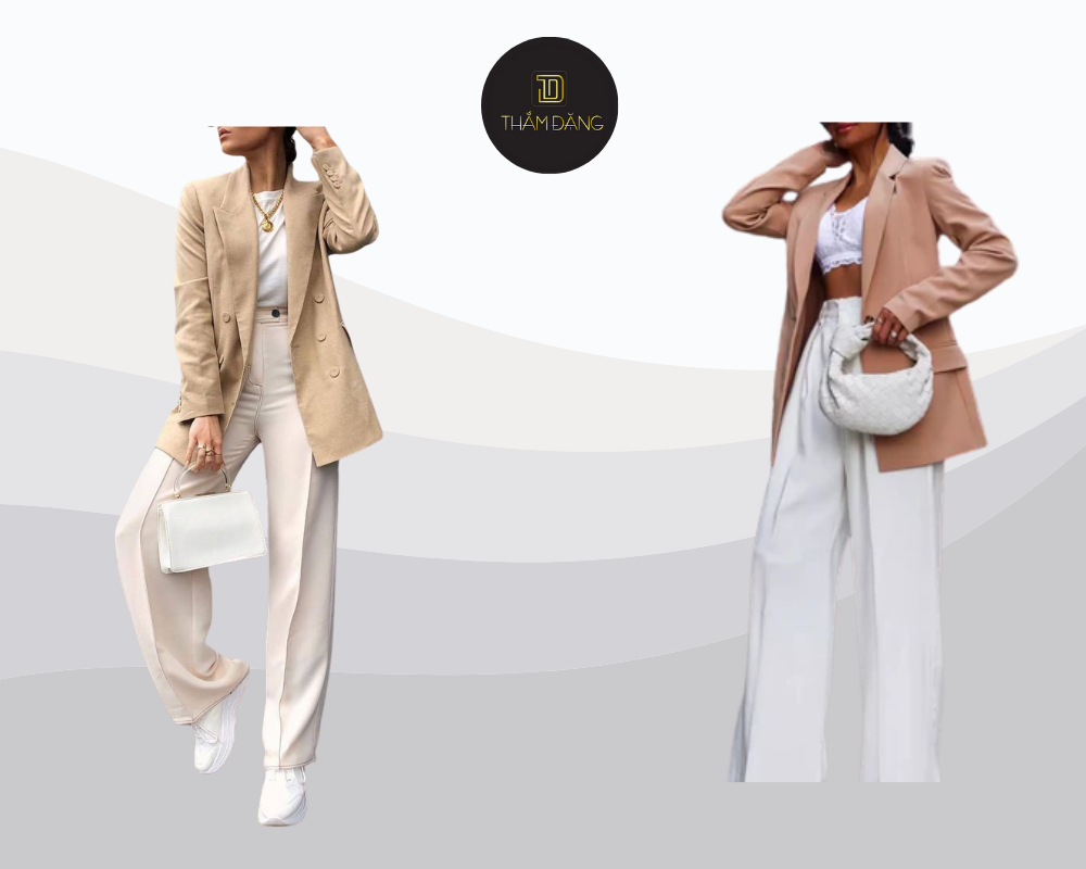 Blazer taupe phối cùng áo thun và quần trắng mang đến diện mạo thanh lịch hiện đại cho nàng công sở đầy phong cách.