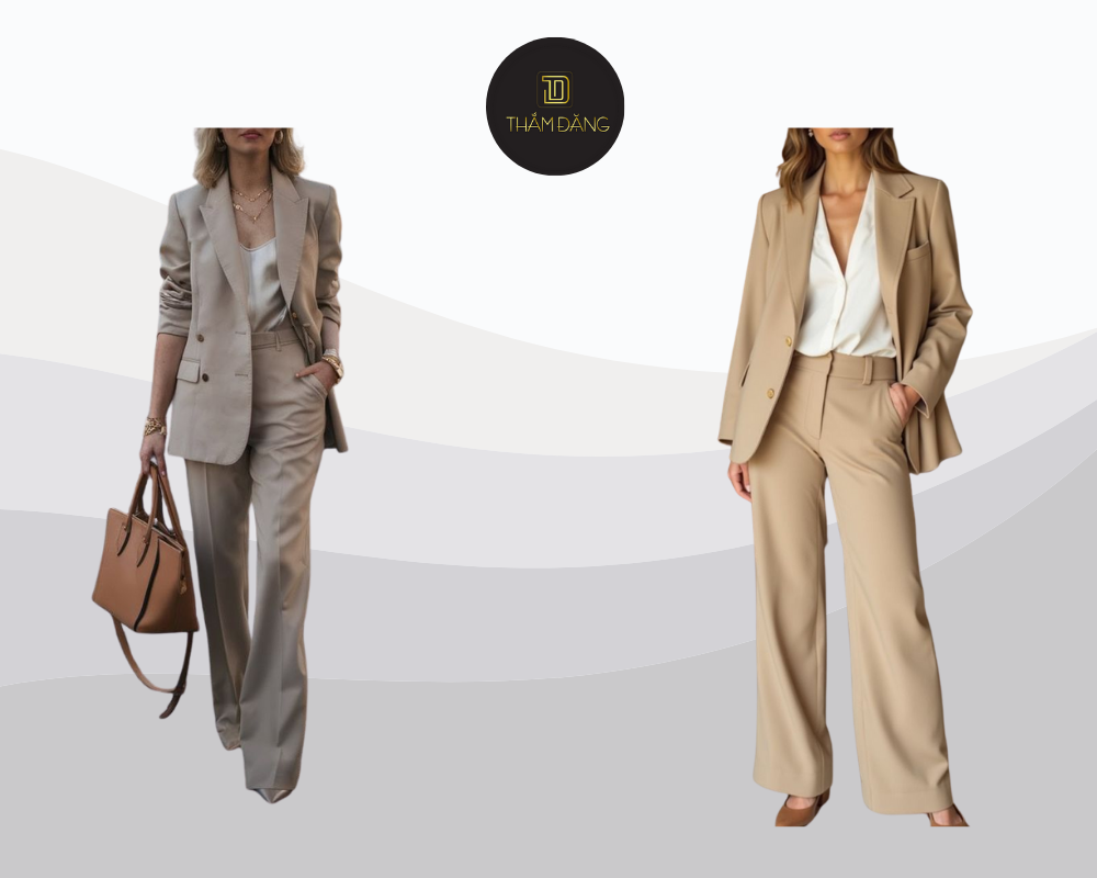 Set suit taupe kết hợp áo trắng là lựa chọn đẳng cấp giúp bạn toát lên phong thái chuyên nghiệp và tự tin trong mọi dịp quan trọng.