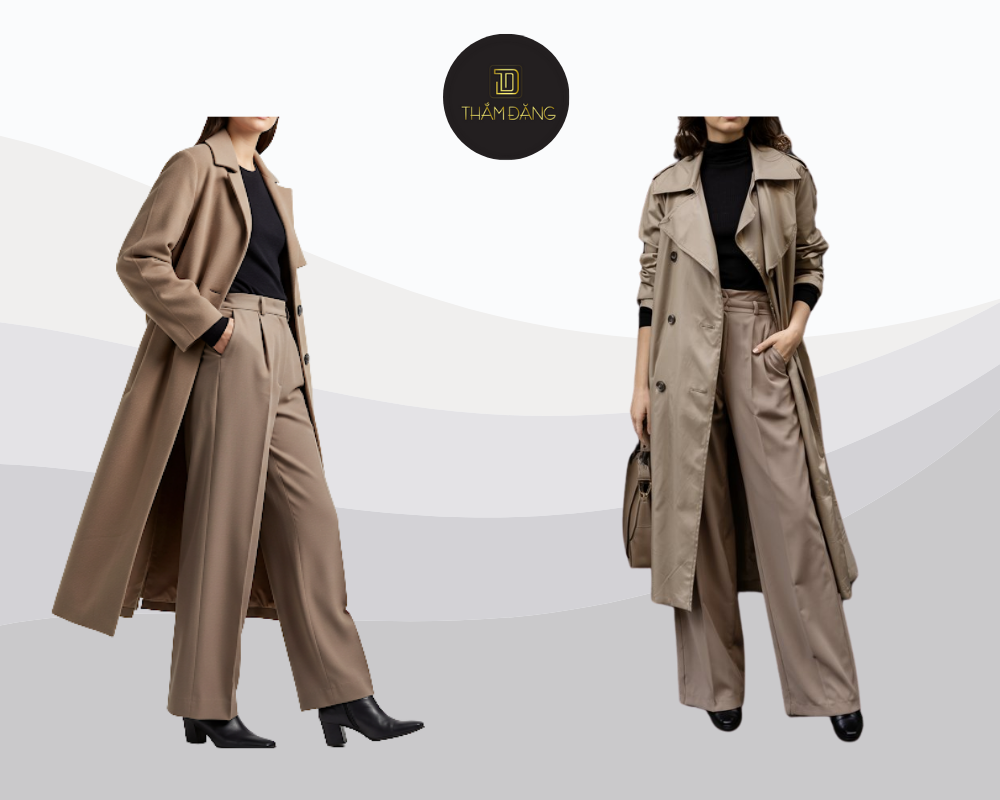 Layer măng tô taupe cùng tông đen tối giản tạo nên vẻ ngoài thu đông sang trọng và đầy khí chất.