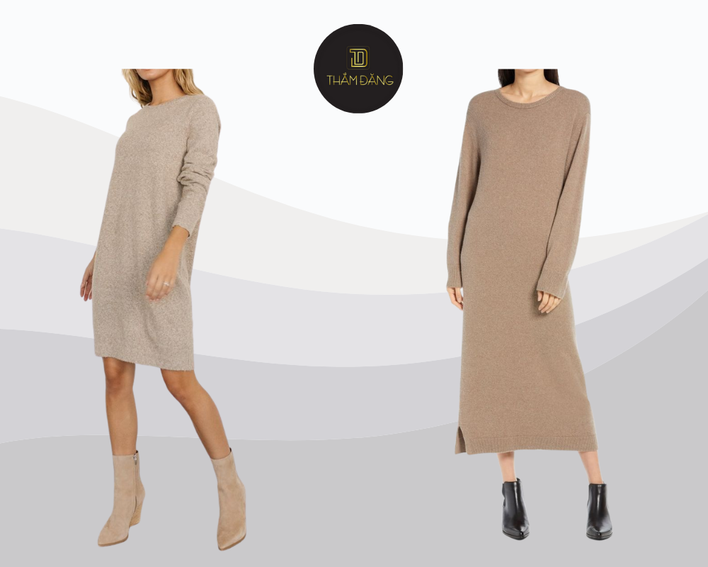 Váy len suông màu taupe kết hợp boot cổ thấp mang đến vẻ ngoài nữ tính dịu dàng nhưng vẫn đủ ấm áp cho những ngày se lạnh.