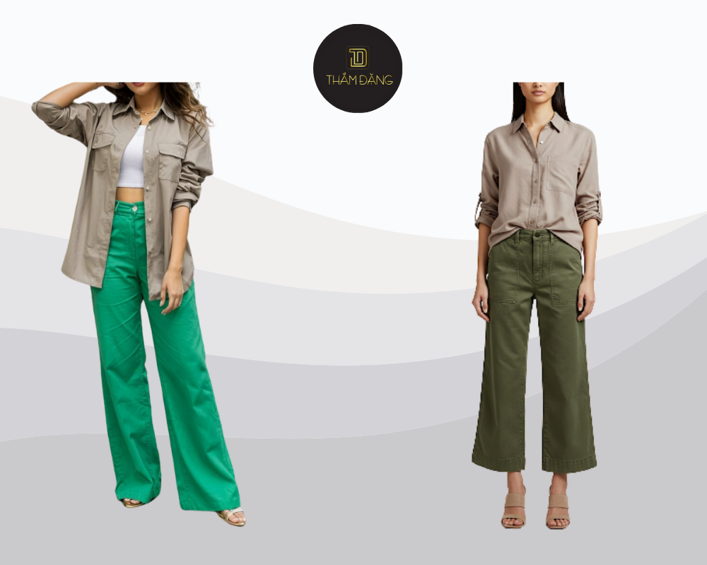 Sự kết hợp giữa áo taupe và quần xanh lá cây mang đến vẻ ngoài tươi mới, năng động nhưng vẫn giữ được sự thanh lịch, hoàn hảo cho những buổi picnic hoặc dạo phố cuối tuần.