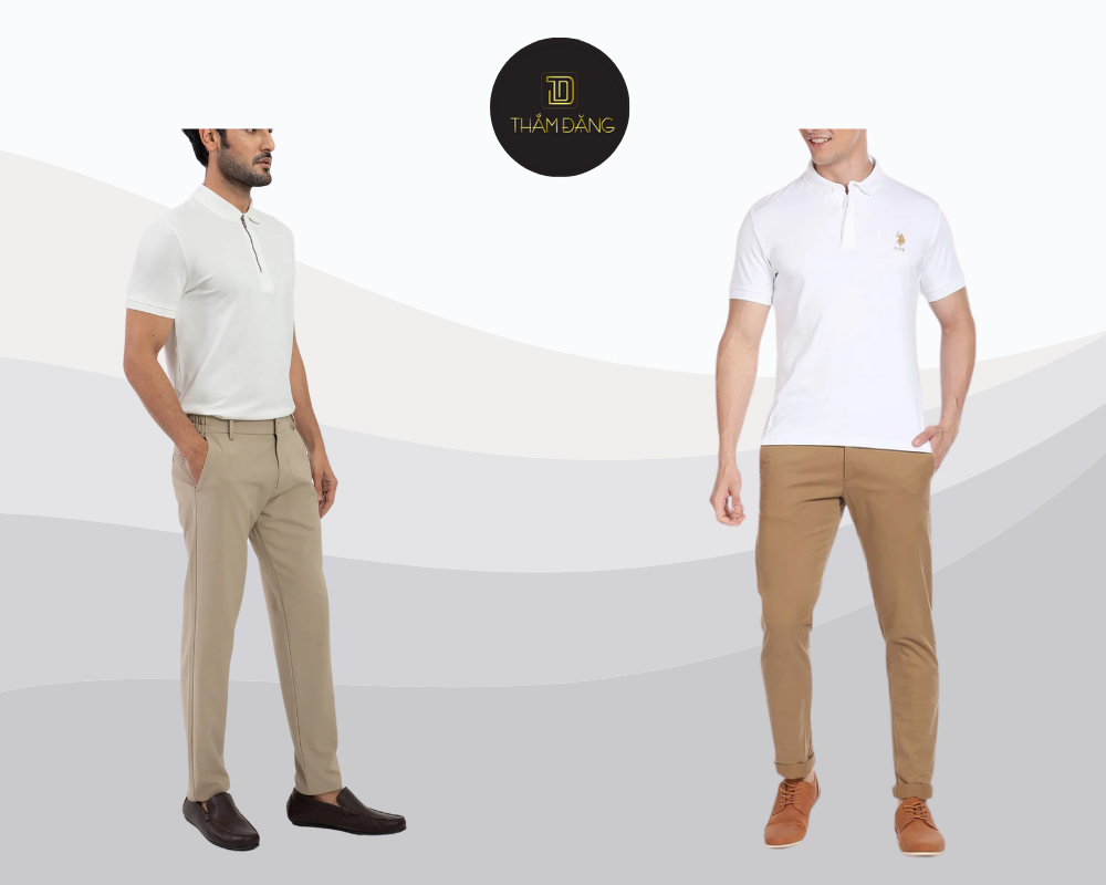 Set đồ quần taupe kết hợp với áo polo hoặc áo thun trắng mang đến vẻ ngoài thanh lịch, trẻ trung, phù hợp cho nhiều dịp từ dạo phố đến gặp gỡ bạn bè hay đi làm.