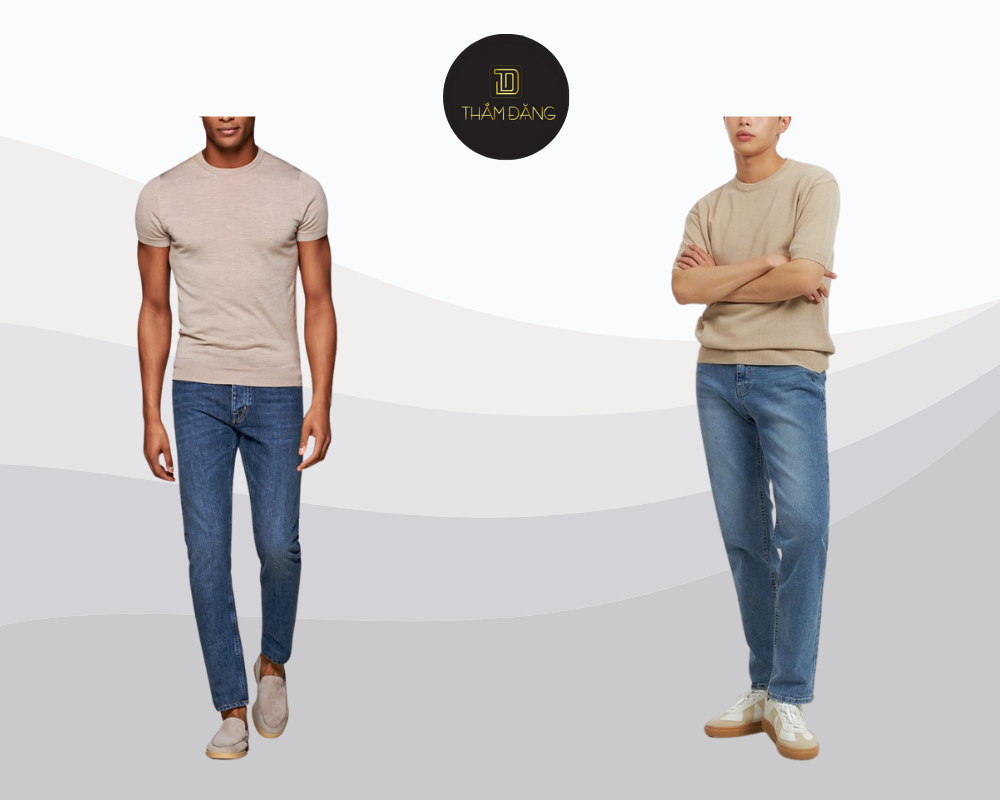 Áo thun taupe kết hợp với quần jeans xanh hoặc đen tạo nên outfit năng động, trẻ trung và thoải mái, lý tưởng cho những hoạt động hằng ngày.
