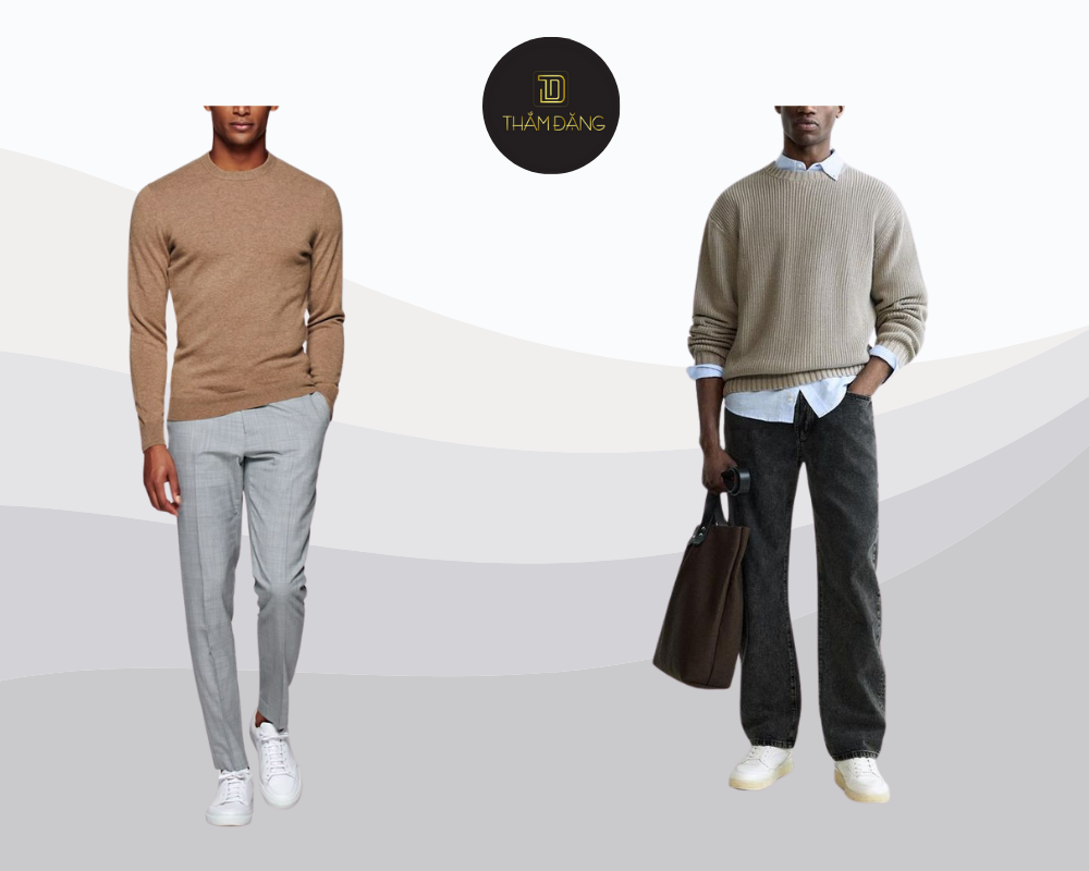 Áo len taupe kết hợp với quần âu hoặc quần jeans tạo nên outfit thu đông vừa ấm áp, vừa thanh lịch, phù hợp cho cả công sở lẫn dạo phố.
