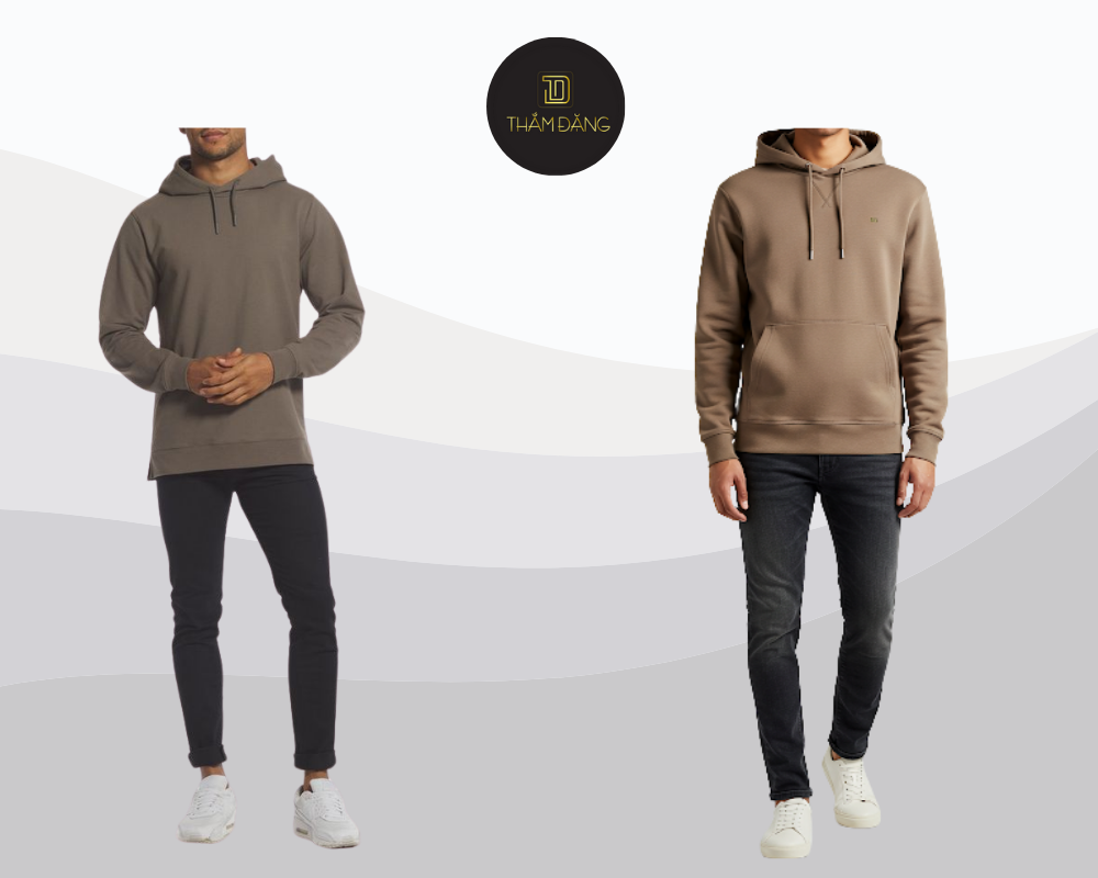 Áo hoodie taupe kết hợp quần jeans tối màu tạo nên set đồ streetwear cá tính, năng động, hoàn hảo cho những ngày se lạnh.