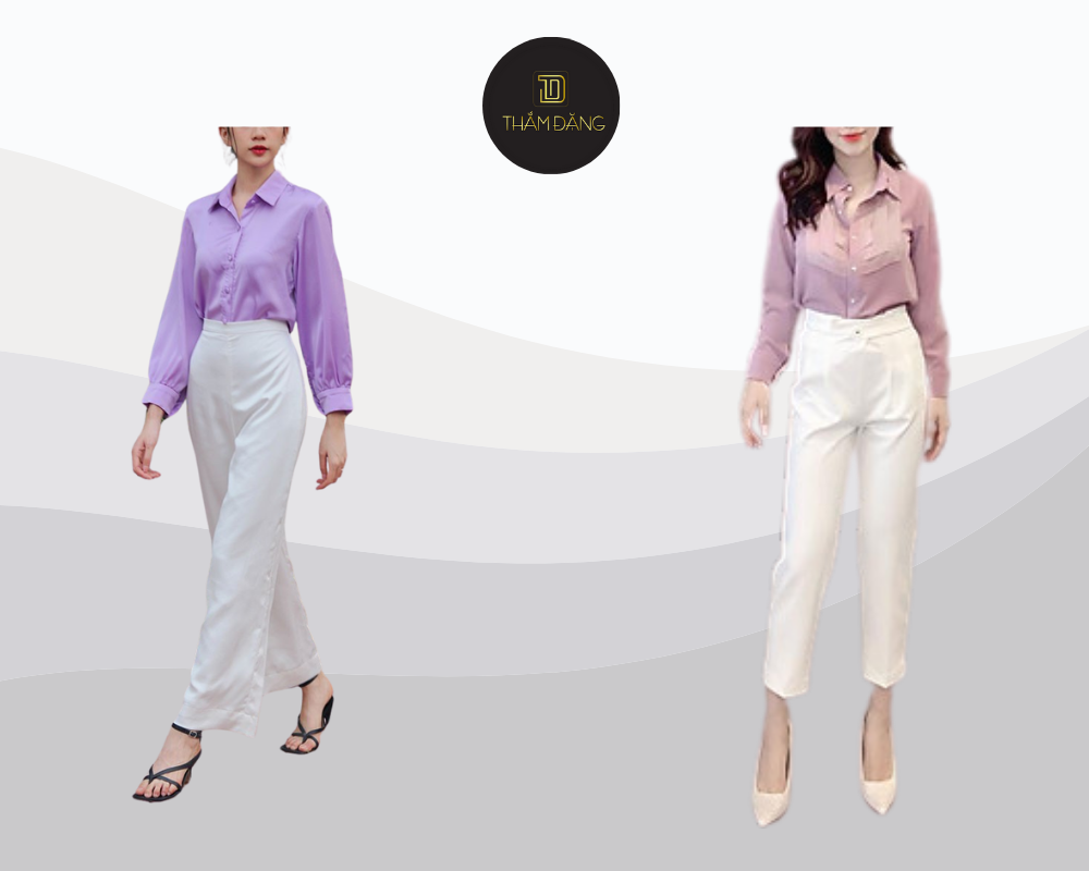 Bộ đôi áo sơ mi tím pastel và quần trắng tạo phong cách thanh lịch, phù hợp công sở