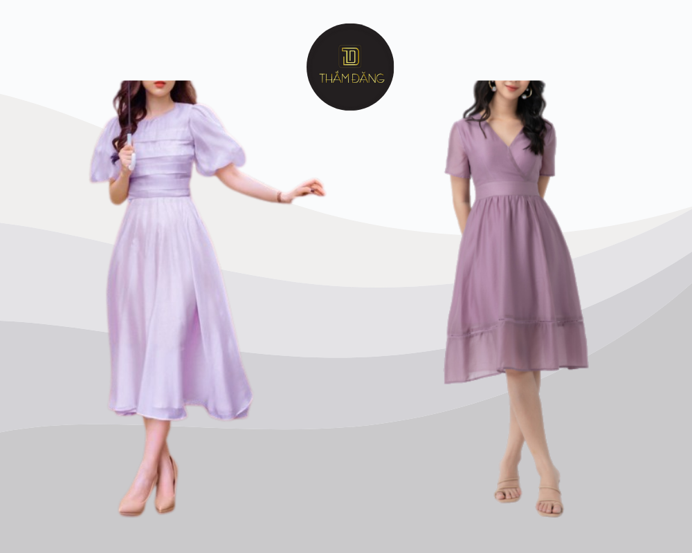 Váy liền tím pastel kết hợp với giày nude tạo nên vẻ ngoài nữ tính, thanh thoát, sang trọng