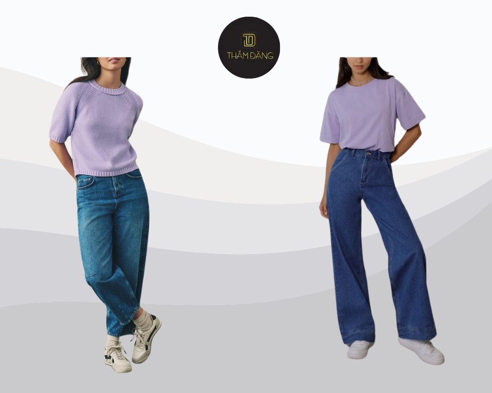 Set đồ áo phông tím pastel kết hợp quần jean xanh denim và phụ kiện cá tính mang đến vẻ ngoài trẻ trung, năng động