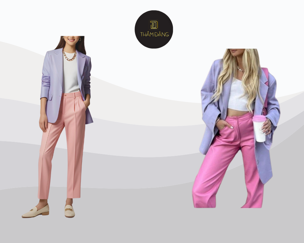 Outfit kết hợp áo blazer tím pastel và quần tây hồng pastel mang phong cách color block