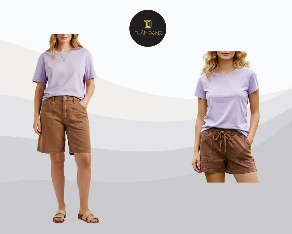 Set đồ áo thun tím pastel kết hợp quần short nâu và phụ kiện đơn giản mang đến vẻ ngoài trẻ trung, năng động
