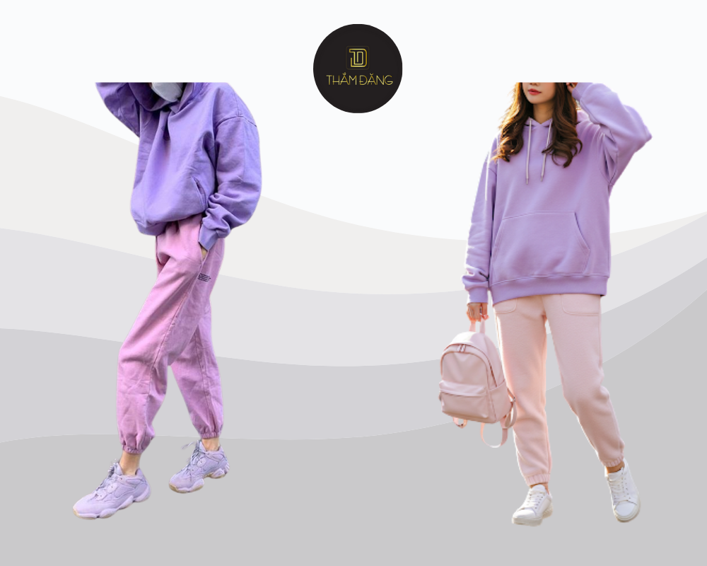 Set đồ áo hoodie tím pastel kết hợp với quần jogger hồng pastel tạo nên phong cách năng động, cá tính
