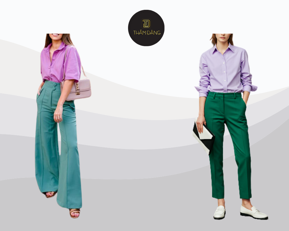 Bộ trang phục kết hợp áo sơ mi tím pastel và quần tây xanh lục phù hợp cho những sự kiện sáng tạo và thể hiện sự tự tin của người mặc