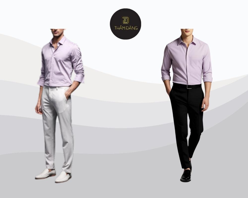 Áo sơ mi tím pastel kết hợp quần tây trắng/đen tạo nên phong cách lịch lãm, hiện đại cho nam giới