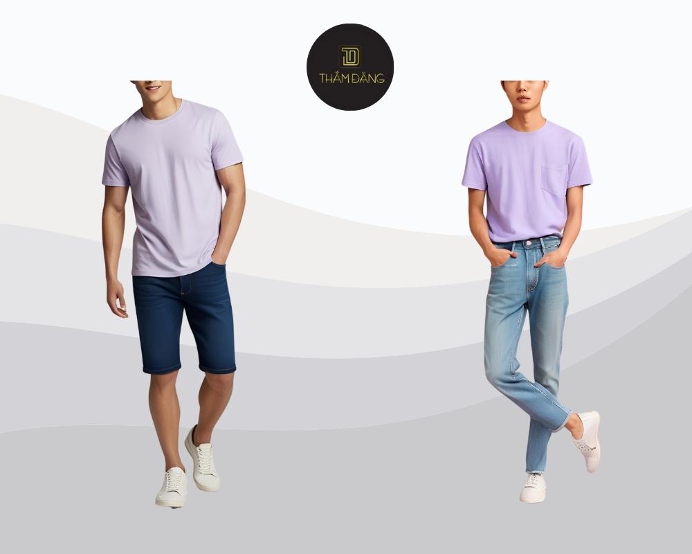 Set đồ áo thun tím pastel phối quần jeans hoặc quần short tạo phong cách trẻ trung, năng động