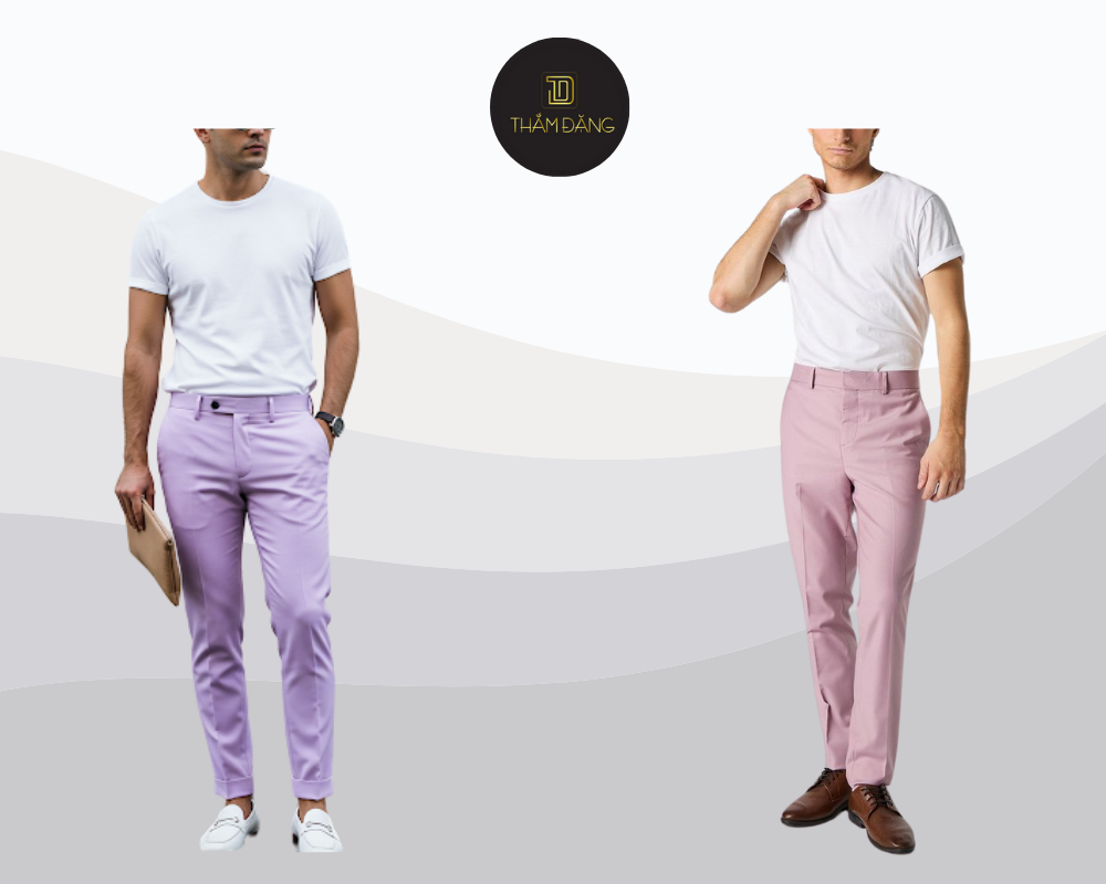 Quần tây tím pastel phối áo trắng và giày phù hợp tạo phong cách thanh lịch, trẻ trung