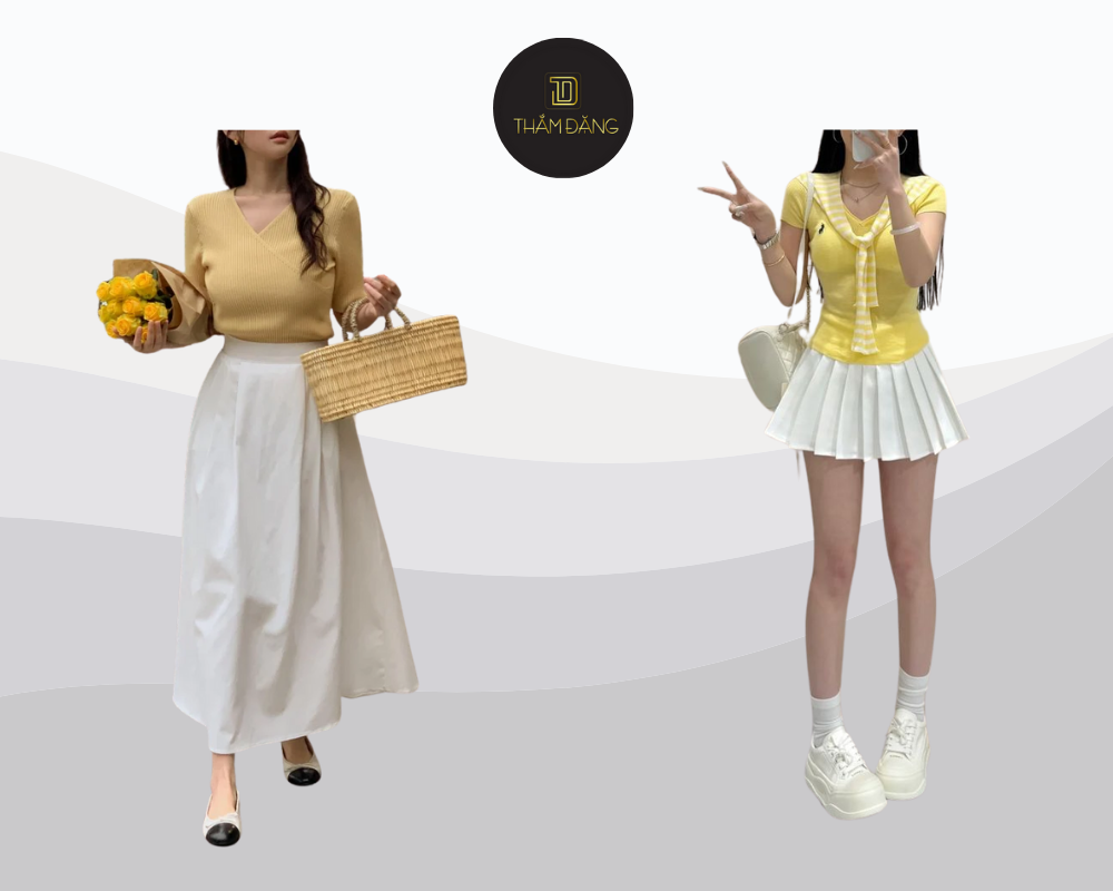Set đồ áo blouse vàng pastel và chân váy trắng mang đến vẻ ngoài tươi sáng, nữ tính