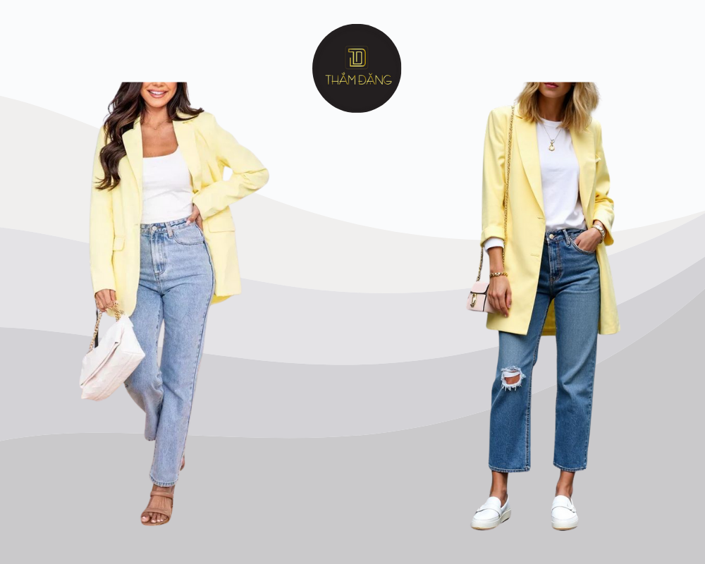 Blazer vàng pastel phối cùng quần jean xanh nhạt tạo nên set đồ thanh lịch, hiện đại và chuyên nghiệp