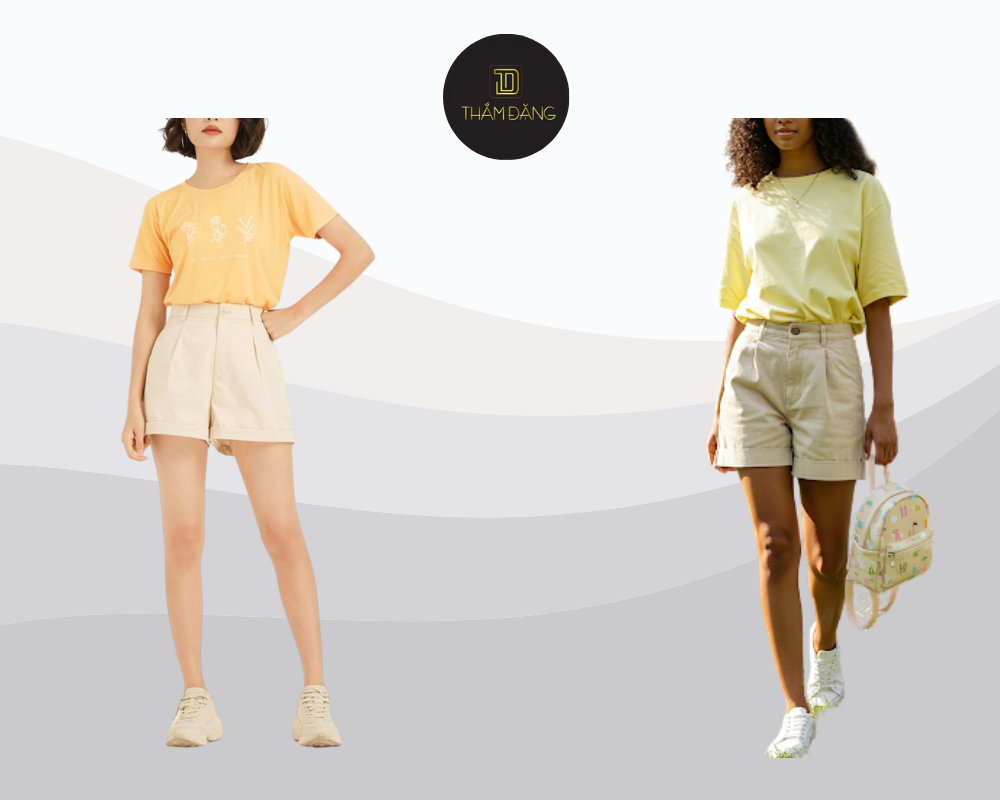 Set đồ áo thun vàng pastel và quần short be mang đến vẻ ngoài trẻ trung, thoải mái