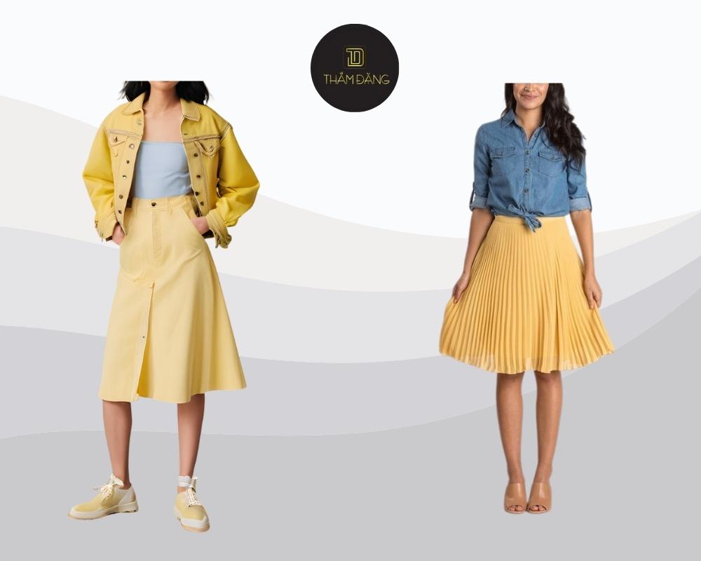 Set đồ váy vàng pastel phối áo khoác denim mang đến vẻ nữ tính, năng động