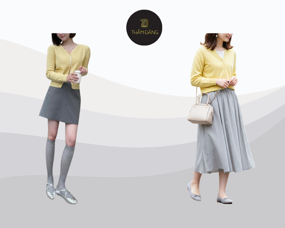 Set đồ cardigan vàng pastel và chân váy xám mang lại vẻ ngoài dịu dàng, thanh lịch