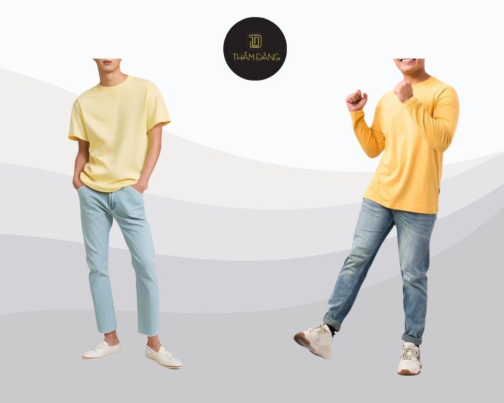 Set đồ áo thun vàng pastel và quần jeans xanh nhạt tạo nên vẻ ngoài trẻ trung, năng động