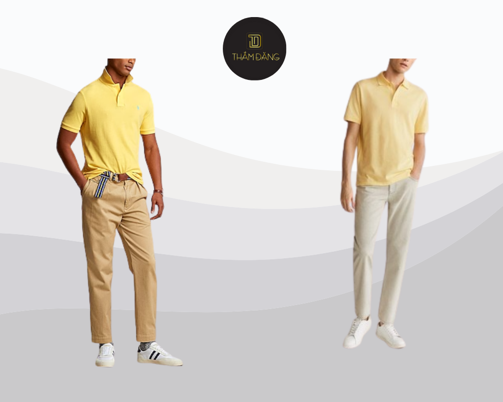 Set áo polo vàng pastel kết hợp quần kaki be tạo phong cách thanh lịch, trẻ trung và phù hợp với tiết trời xuân hè