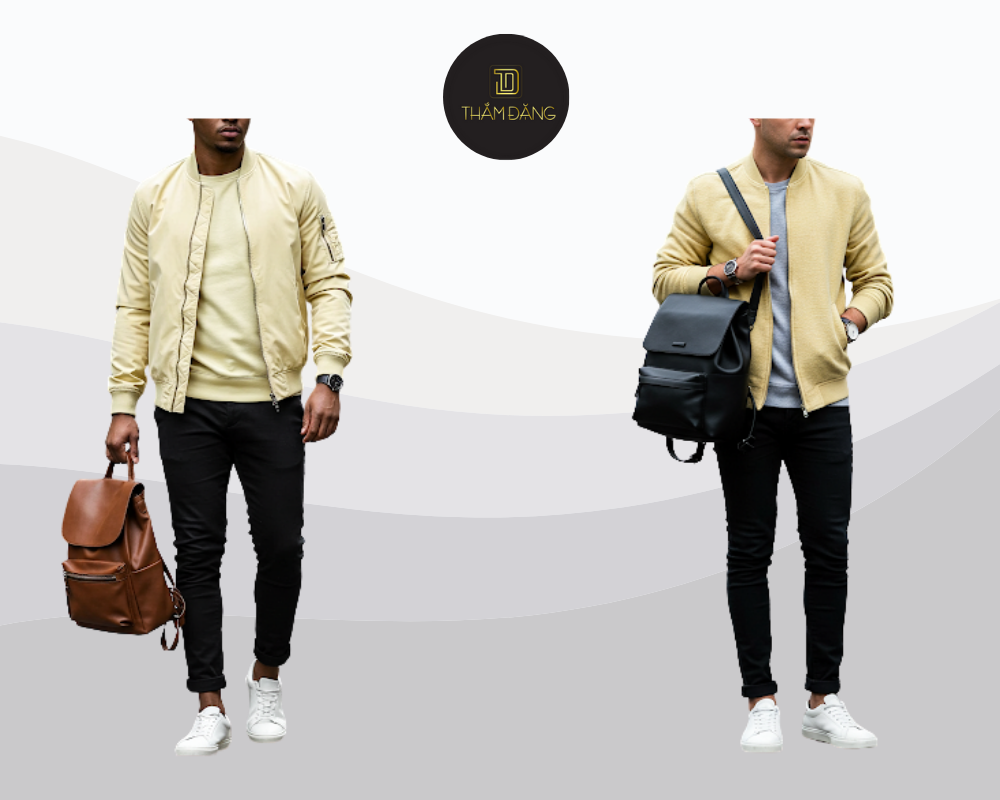 Set đồ áo khoác bomber vàng pastel phối quần đen tạo phong cách thể thao mạnh mẽ, hiện đại và trẻ trung