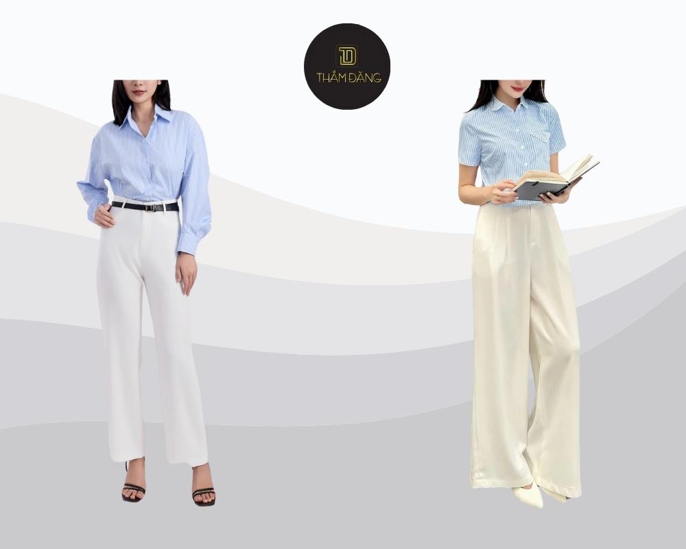 Thanh lịch và chuyên nghiệp với combo sơ mi xanh pastel và quần tây trắng cho mọi buổi gặp gỡ quan trọng.