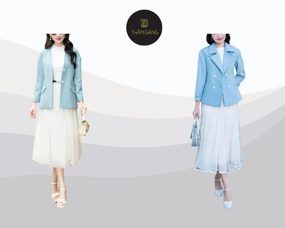Blazer xanh pastel kết hợp cùng đầm trắng tạo nên vẻ đẹp thanh lịch và chuyên nghiệp cho các buổi gặp gỡ công sở.