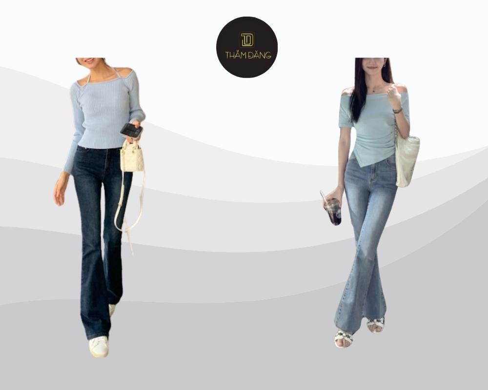 Set đồ áo len xanh pastel và quần jeans ống loe mang đến vẻ ngoài trẻ trung, thời thượng và đầy tinh tế cho những ngày se lạnh.