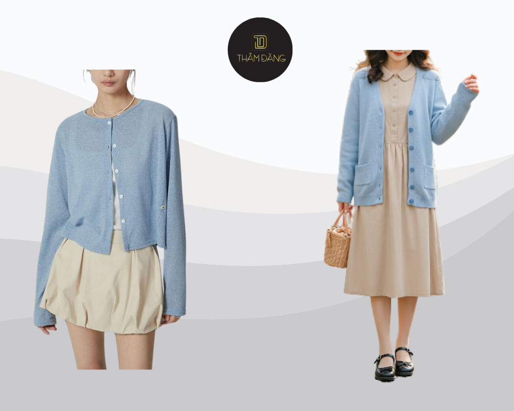 Set đồ vintage thanh lịch với cardigan xanh pastel và váy liền màu be, tạo nên vẻ ngoài tinh tế, nhẹ nhàng và đầy cuốn hút.