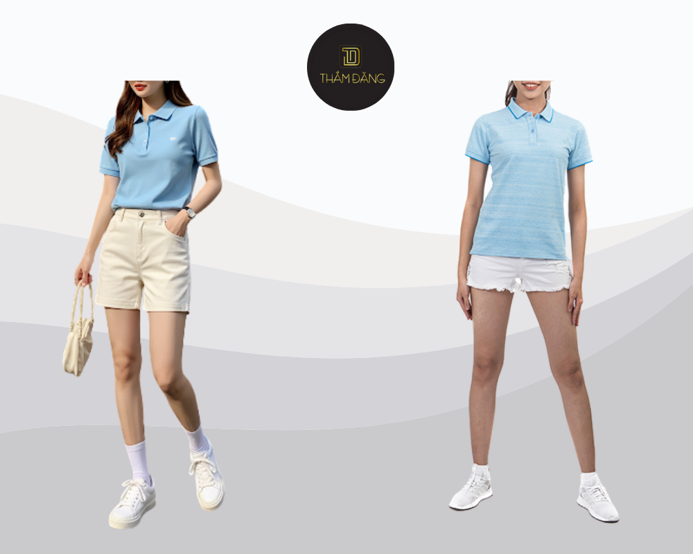 Set đồ năng động với áo polo xanh pastel và quần short kaki trắng, hoàn hảo cho mùa hè năng động và thời trang.