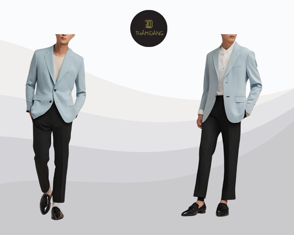 Set đồ blazer xanh pastel phối cùng quần đen mang đến vẻ ngoài lịch lãm, tinh tế và đầy cuốn hút cho quý ông hiện đại.