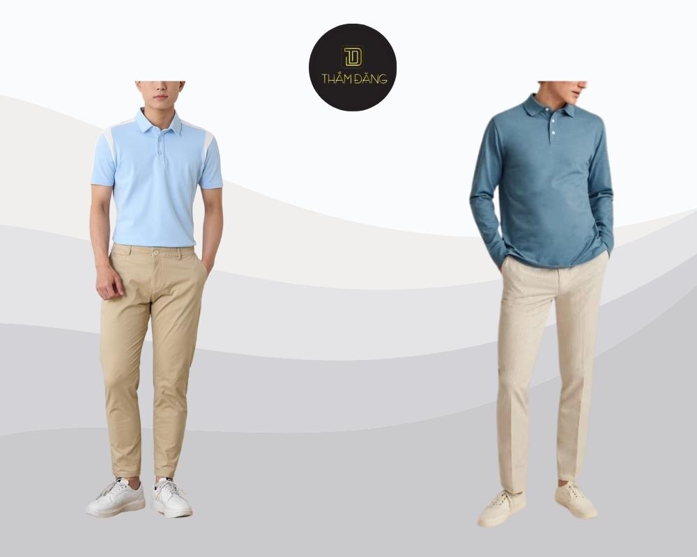 Set đồ polo xanh pastel và kaki be mang đến vẻ ngoài smart casual trẻ trung thanh lịch cho ngày cuối tuần.