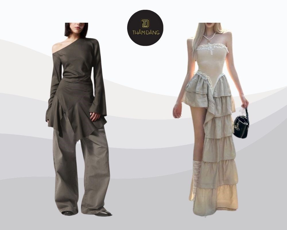 Asymmetry - một trong những những phong cách thời trang tạo sự độc đáo với thiết kế lệch vai, tà chéo và phá cách, thu hút ánh nhìn
