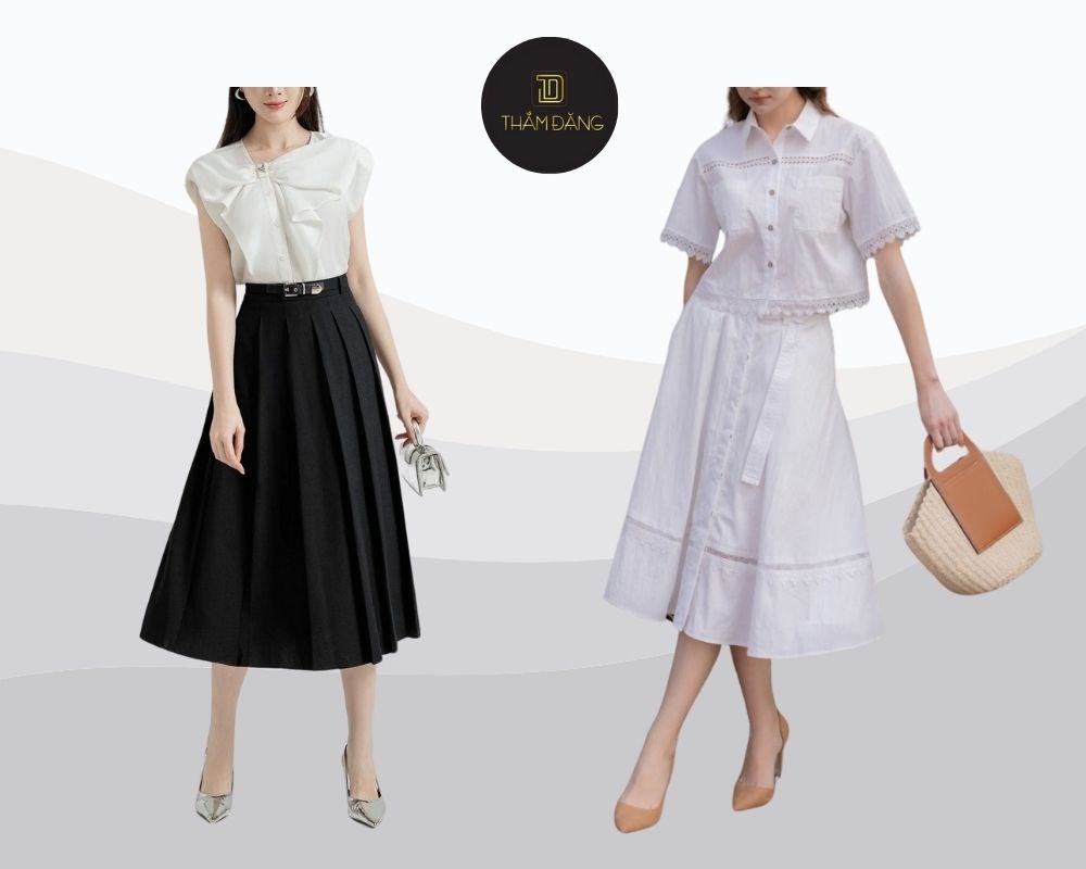 Phối áo blouse cổ bèo với chân váy midi xếp ly tạo vẻ ngoài vintage, thanh lịch và nữ tính