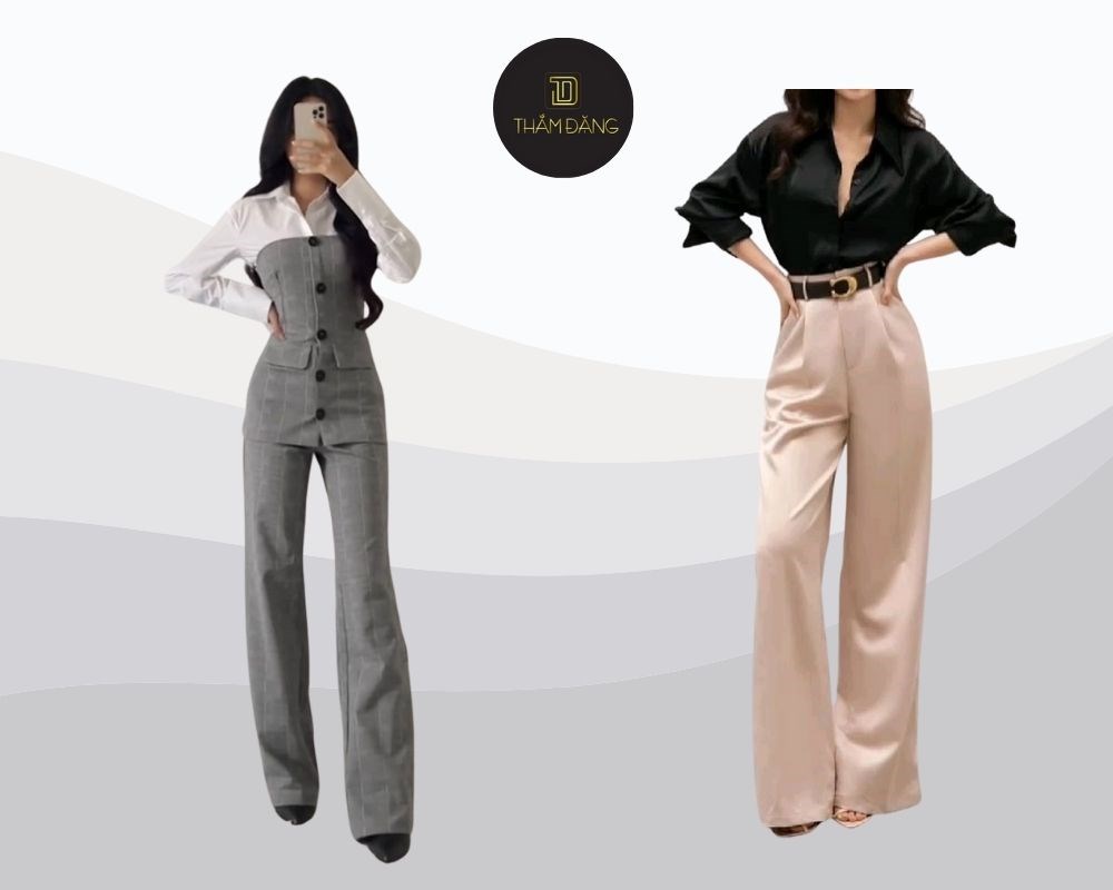 Phối áo sơ mi với quần tây ống suông tạo set đồ công sở tối giản, thanh lịch và chuyên nghiệp