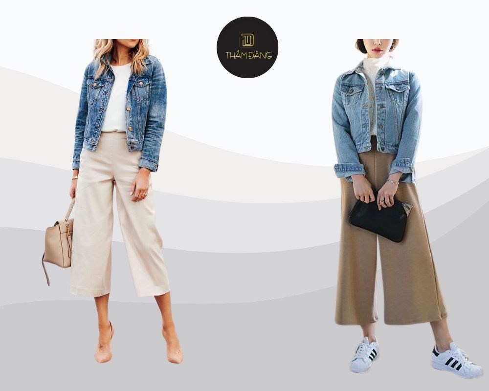 Phối áo khoác denim với quần culottes tạo set đồ retro, năng động và thời thượng