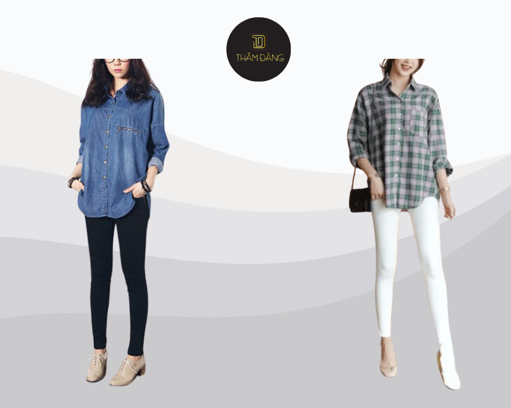 Áo sơ mi rộng quần legging tôn dáng năng động cho ngày cuối tuần.
