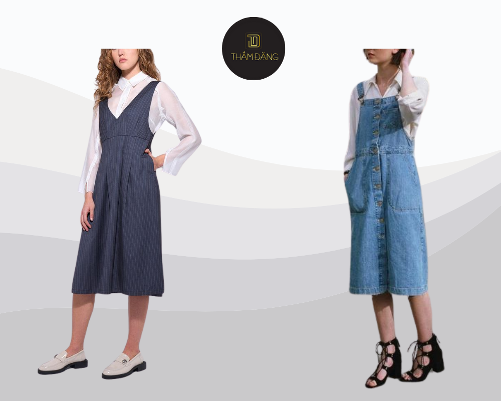 Outfit vintage dễ thương mix áo sơ mi rộng với váy yếm năng động trẻ trung.