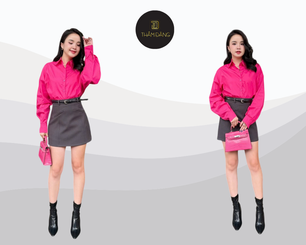 Sơ mi oversized phối chân váy chữ A xinh xắn chuẩn phong cách Hàn Quốc