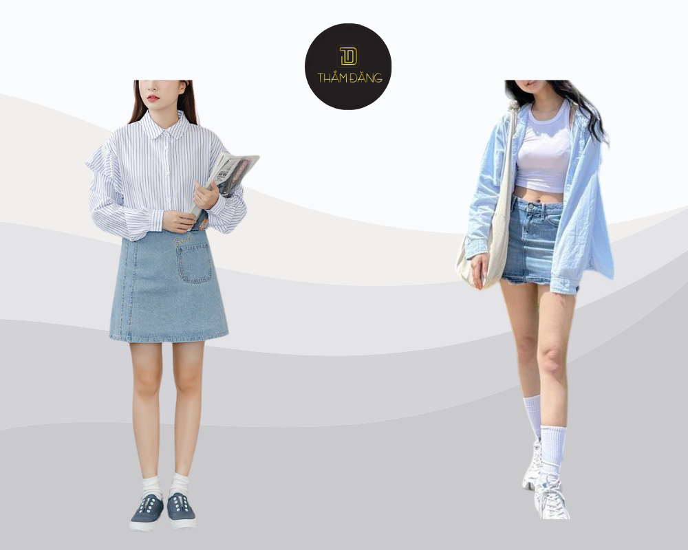 Thanh xuân rực rỡ cùng sơ mi rộng và chân váy jeans ngắn năng động