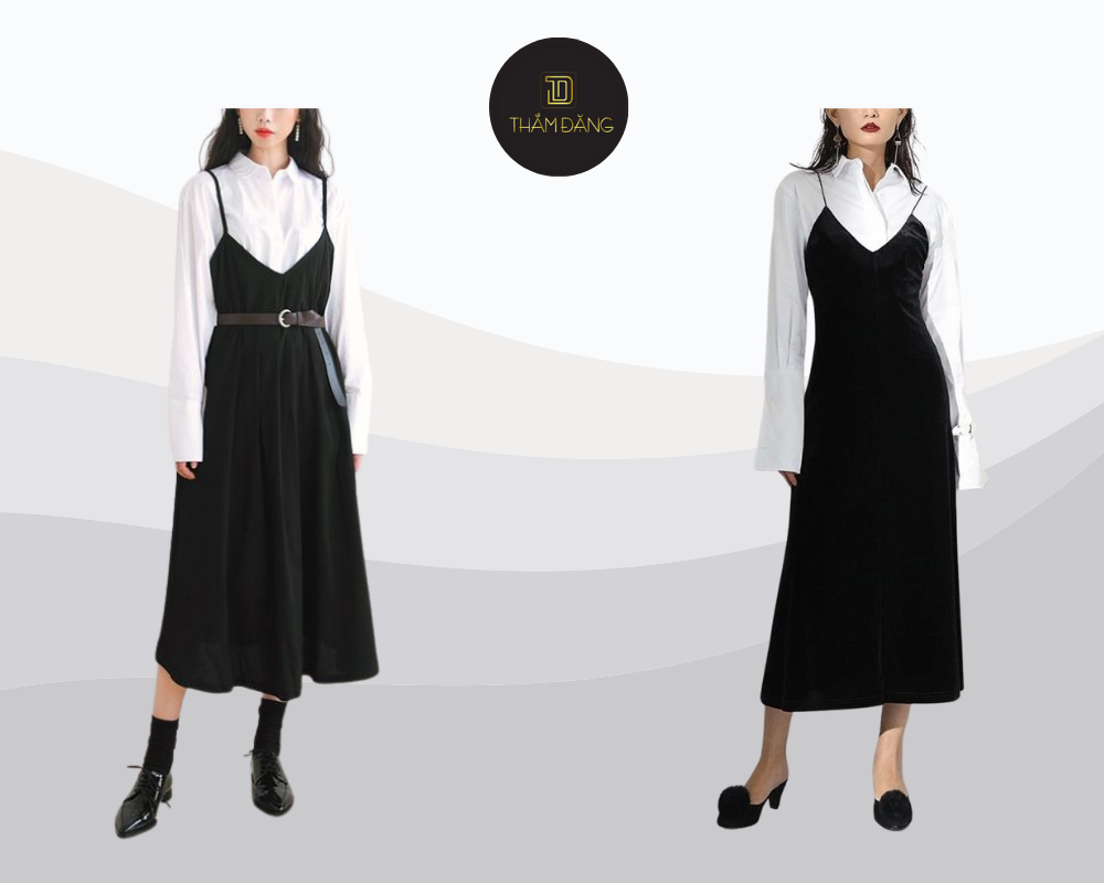 Áo sơ mi và đầm hai dây tạo nên outfit layer vừa nữ tính vừa cá tính