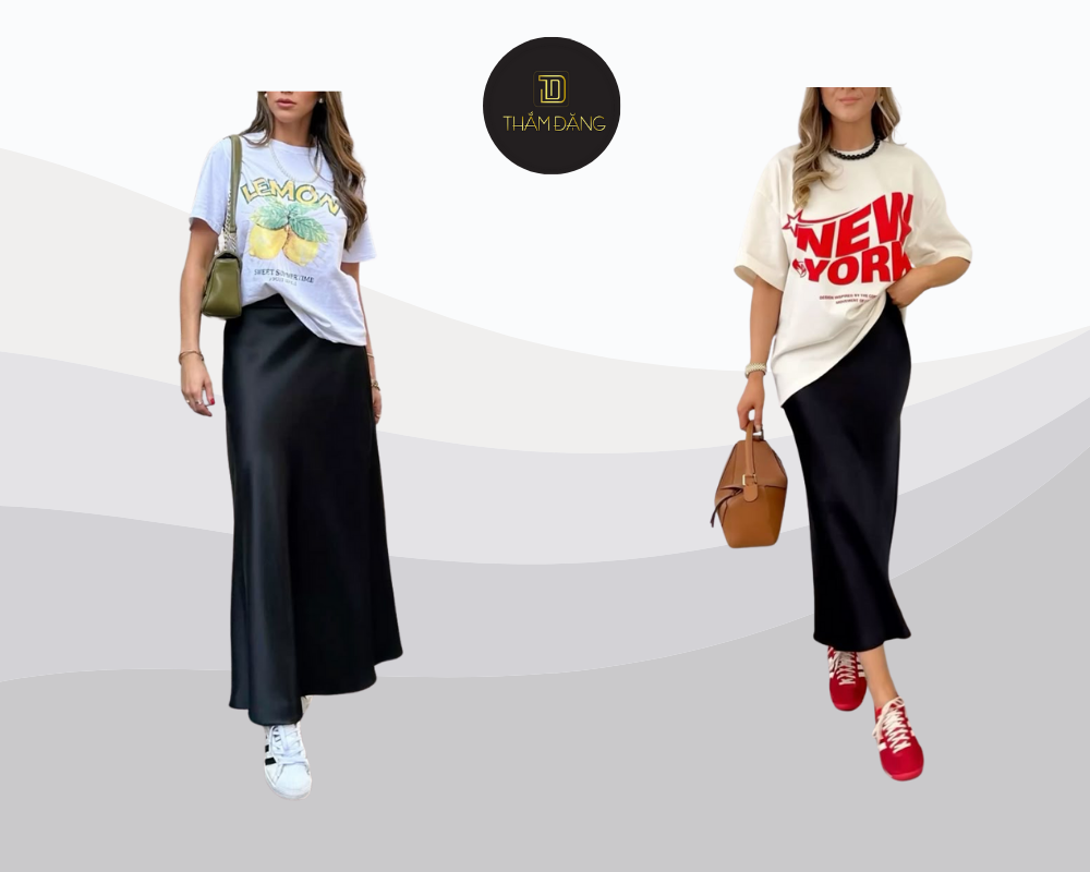 Áo phông basic và chân váy đen tạo nên set đồ đơn giản nhưng đầy cuốn hút cho những ngày dạo phố.