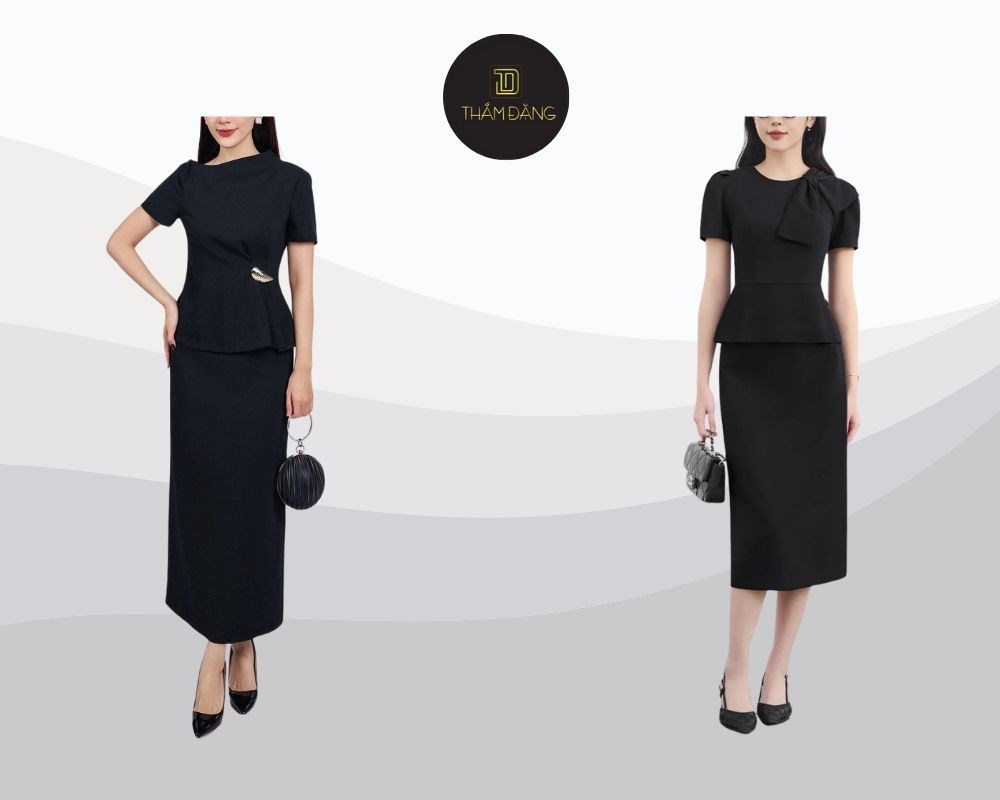 Tôn vòng eo thon gọn với set chân váy đen và áo peplum sang trọng nữ tính